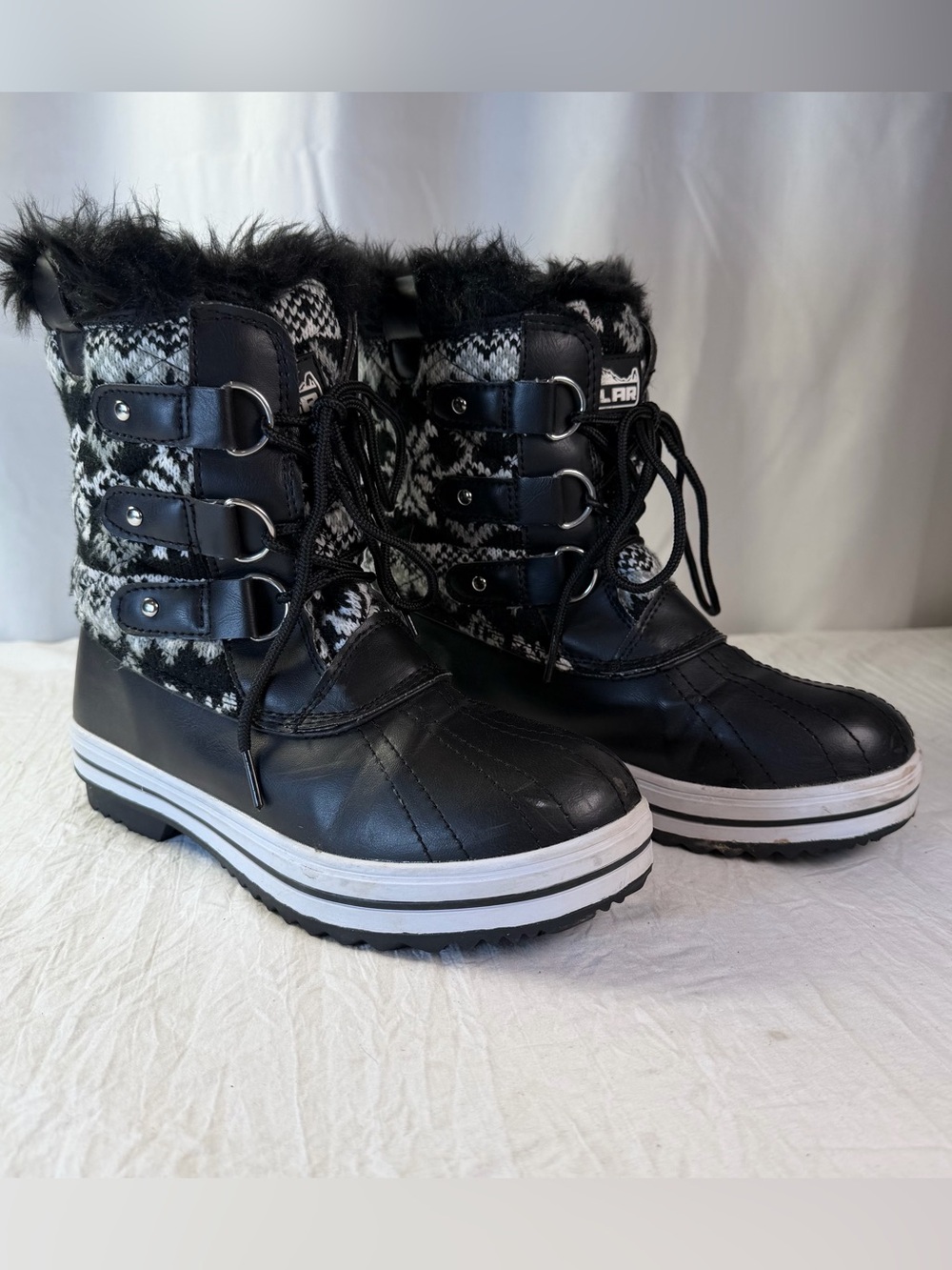 Polar Women’s sz8 Black & White Fair Aisle Sweater Faux-Fur Winter Snow Boots